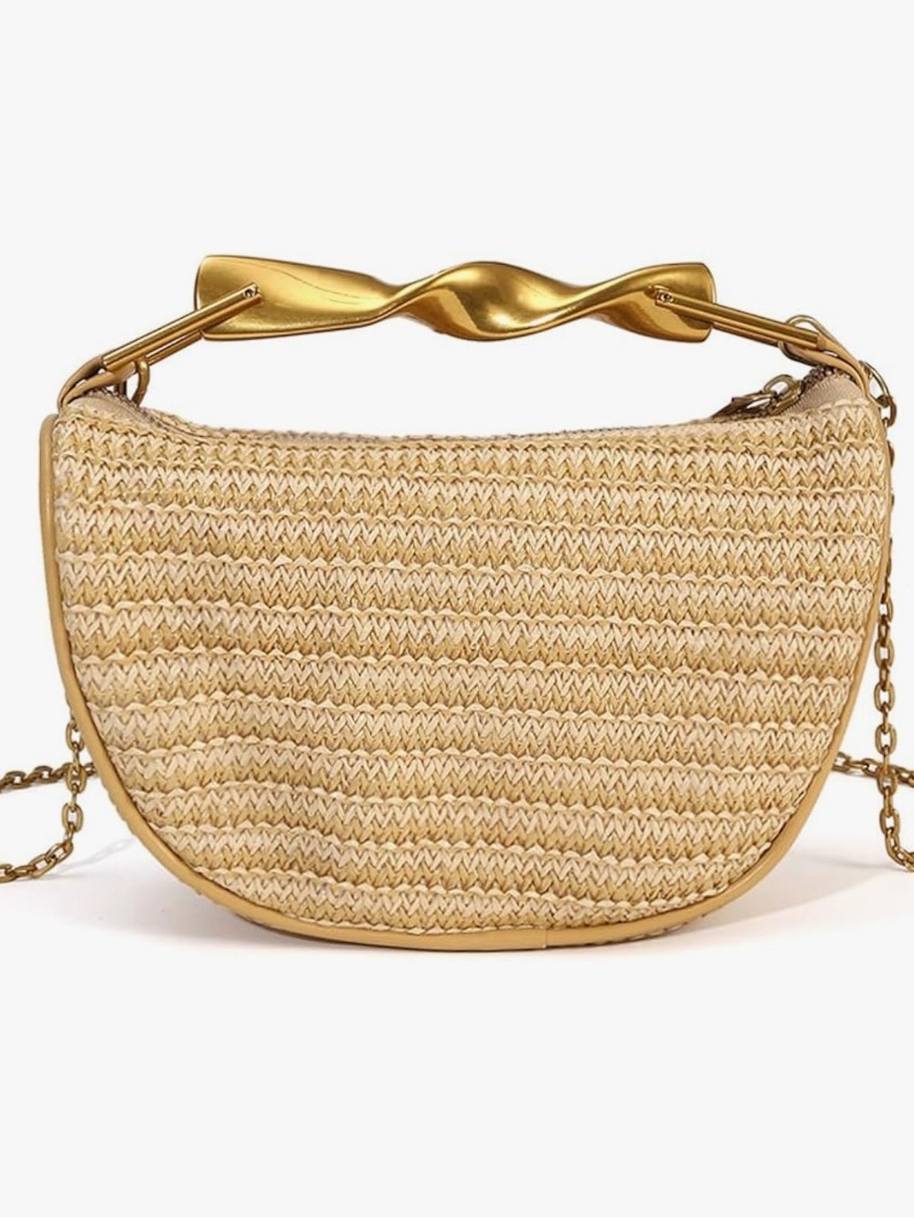 Woven Straw Crescent Shoulder Bag with Gold Twist Handle